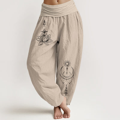 Buddha Stones Pure Cotton Lotus Moon Sun Pattern Women's Elastic Waist Harem Pants - Tan - US16，UK/AU20，EU48 (3XL) - image 14