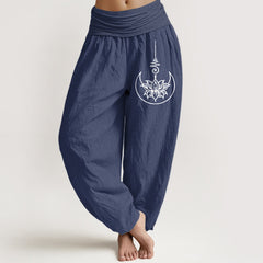 Buddha Stones Pure Cotton Sacred Lotus Moon Pattern Women's Elastic Waist Harem Pants - DarkSlateBlue - US16，UK/AU20，EU48 (3XL) - image 0