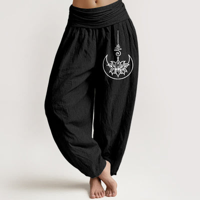 Buddha Stones Pure Cotton Sacred Lotus Moon Pattern Women's Elastic Waist Harem Pants - Black - US16，UK/AU20，EU48 (3XL) - image 5