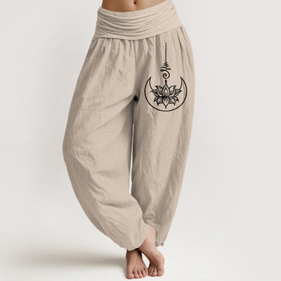 Buddha Stones Pure Cotton Sacred Lotus Moon Pattern Women's Elastic Waist Harem Pants - Tan - US16，UK/AU20，EU48 (3XL) - image 14