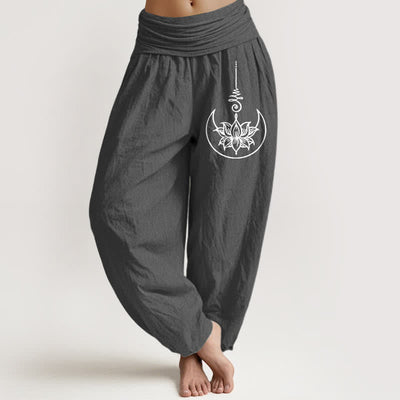 Buddha Stones Pure Cotton Sacred Lotus Moon Pattern Women's Elastic Waist Harem Pants - DimGray - US16，UK/AU20，EU48 (3XL) - image 8