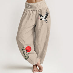 Buddha Stones Pure Cotton Flying Crane Red Sun Pattern Women's Elastic Waist Harem Pants - Tan - US16，UK/AU20，EU48 (3XL) - image 0