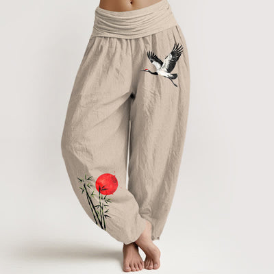 Buddha Stones Pure Cotton Flying Crane Red Sun Pattern Women's Elastic Waist Harem Pants - Tan - US16，UK/AU20，EU48 (3XL) - image 0