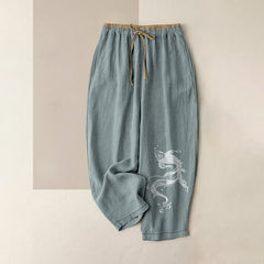 Buddha Stones Pure Cotton White Koi Fish Pattern Women's Elastic Waist Pants With Pockets - LightBlue - US16，UK/AU20，EU48 (3XL) - image 0