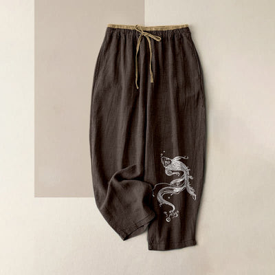 Buddha Stones Pure Cotton White Koi Fish Pattern Women's Elastic Waist Pants With Pockets - SaddleBrown - US16，UK/AU20，EU48 (3XL) - image 5