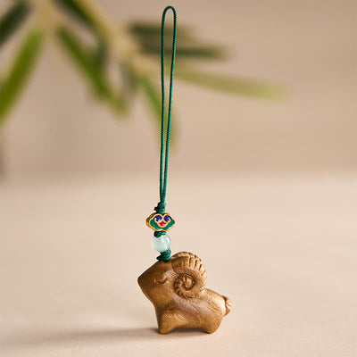 Buddha Stones Hand Carved Sandalwood Goat Positive Keychains - Green - image 0