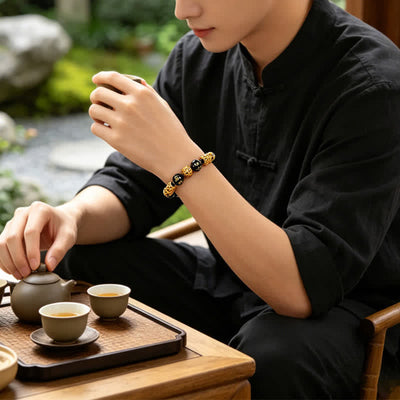 Buddha Stones Black Obsidian Copper Double Pi Xiu Om Mani Padme Hum Wisdom Bracelet - image 3