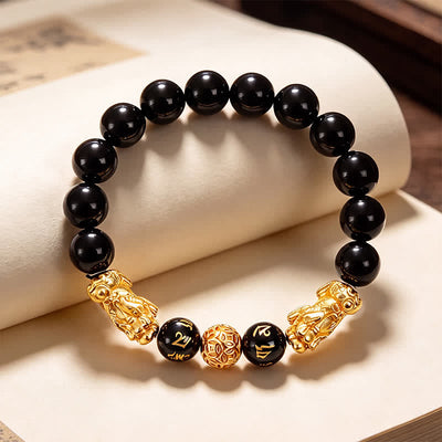 Buddha Stones Black Obsidian Copper Double Pi Xiu Om Mani Padme Hum Wisdom Bracelet - image 1