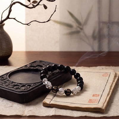 Buddha Stones Black Obsidian Copper Double Pi Xiu Om Mani Padme Hum Wisdom Bracelet - image 12