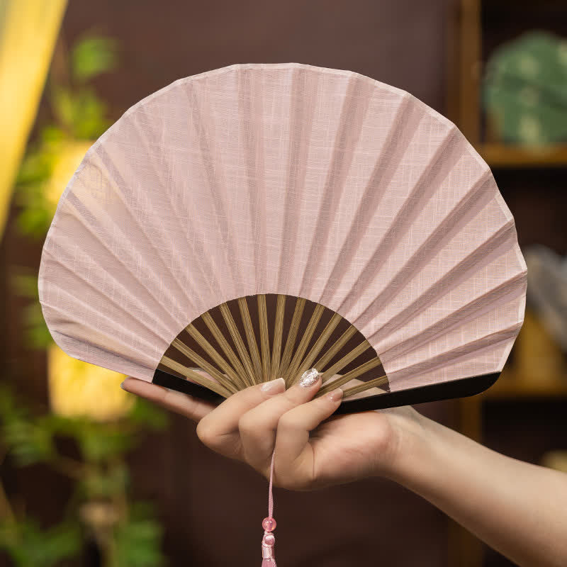 Buddha Stones Bamboo Folding Plain Fan with Tassel - Pink - image 1