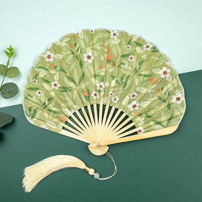 Buddha Stones Bamboo Floral fruit print Tassel Folding Fan - White Flowers With Green Leaves - image 3