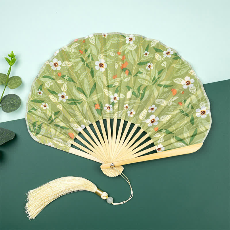 Buddha Stones Bamboo Floral fruit print Tassel Folding Fan - White Flowers With Green Leaves - image 3