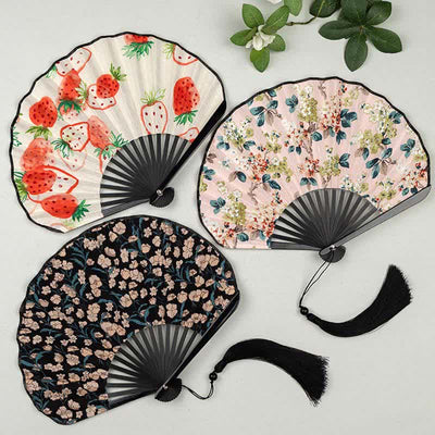 Buddha Stones Bamboo Floral fruit print Tassel Folding Fan - image 13