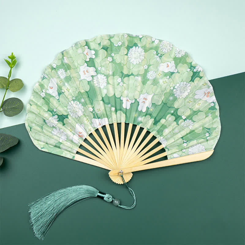 Buddha Stones Bamboo Floral fruit print Tassel Folding Fan - Four-Leaf Clover Rabbit - image 2