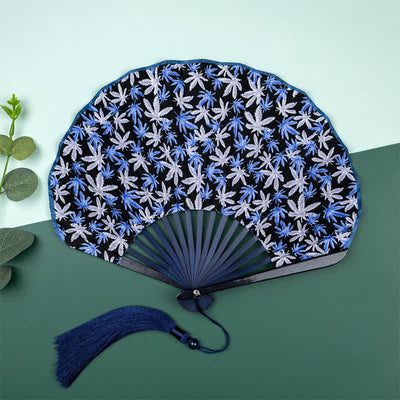 Buddha Stones Bamboo Floral fruit print Tassel Folding Fan - Blue Maple Leaves - image 1