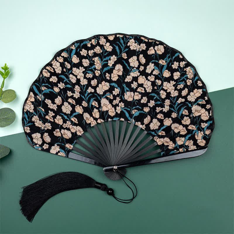Buddha Stones Bamboo Floral fruit print Tassel Folding Fan - Pink Flowers - image 9