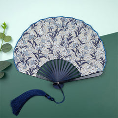 Buddha Stones Bamboo Floral fruit print Tassel Folding Fan - Light Blue Flowers - image 0