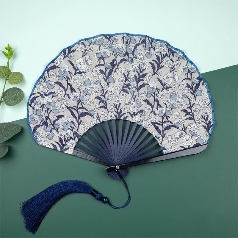 Buddha Stones Bamboo Floral fruit print Tassel Folding Fan - Light Blue Flowers - image 0