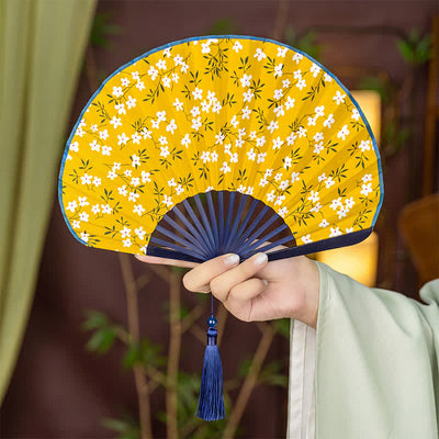 Buddha Stones Bamboo Floral fruit print Tassel Folding Fan - White Flowers - image 11
