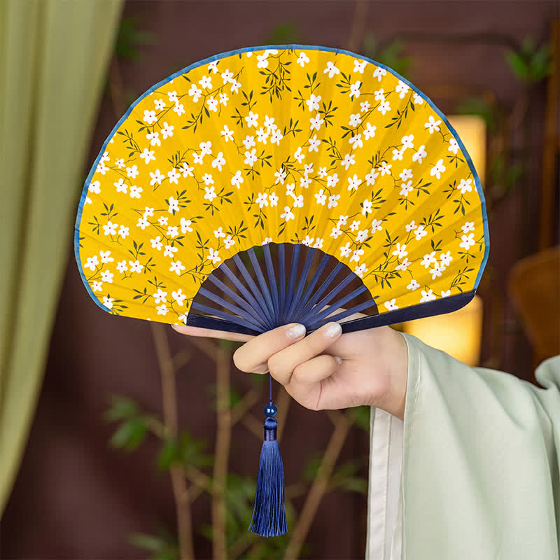 Buddha Stones Bamboo Floral fruit print Tassel Folding Fan - White Flowers - image 11