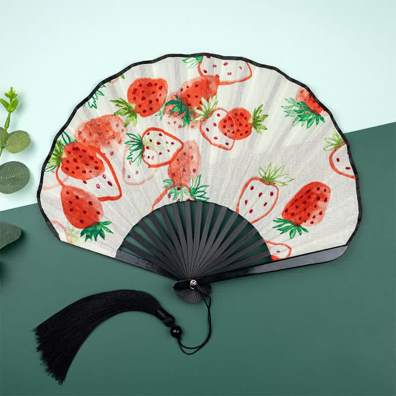 Buddha Stones Bamboo Floral fruit print Tassel Folding Fan - Strawberries - image 10