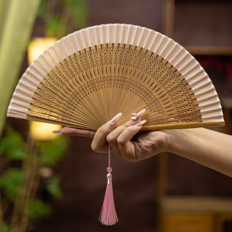 Buddha Stones Inspired Hollow Carved Bamboo Tassel Simple Folding Fan - Pink - image 1