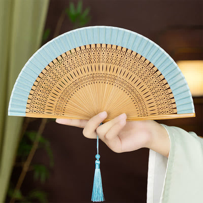 Buddha Stones Inspired Hollow Carved Bamboo Tassel Simple Folding Fan - Light Blue - image 5