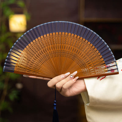 Buddha Stones Inspired Hollow Carved Bamboo Tassel Simple Folding Fan - Blue - image 4