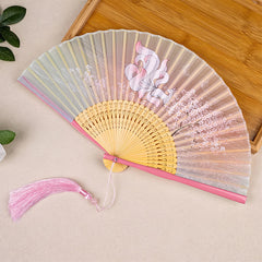 Buddha Stones Bamboo Fox Deer Forest Tassel Folding Fan - Pink Fox - image 0