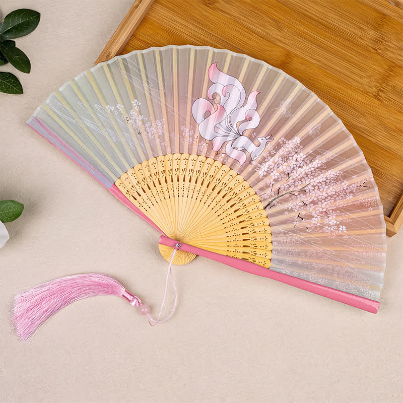 Buddha Stones Bamboo Fox Deer Forest Tassel Folding Fan - Pink Fox - image 0