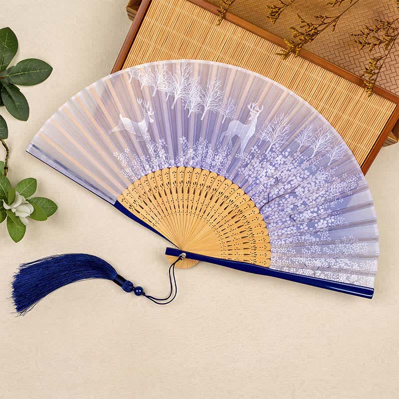 Buddha Stones Bamboo Fox Deer Forest Tassel Folding Fan - Blue Deer - image 6