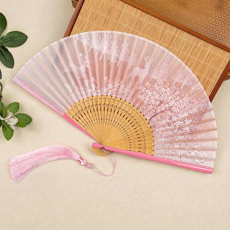 Buddha Stones Bamboo Fox Deer Forest Tassel Folding Fan - Pink Deer - image 4