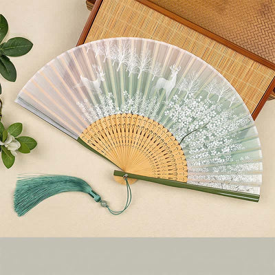 Buddha Stones Bamboo Fox Deer Forest Tassel Folding Fan - Green Deer - image 7