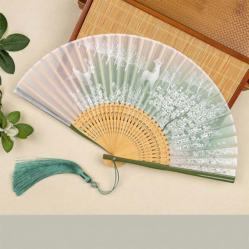 Buddha Stones Bamboo Fox Deer Forest Tassel Folding Fan - Green Deer - image 7