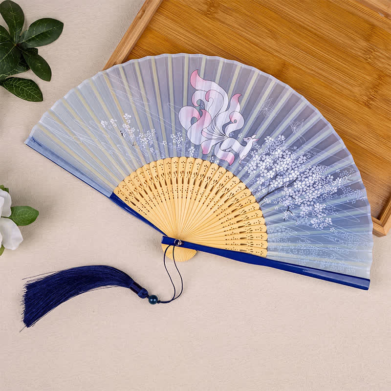 Buddha Stones Bamboo Fox Deer Forest Tassel Folding Fan - Blue Fox - image 1