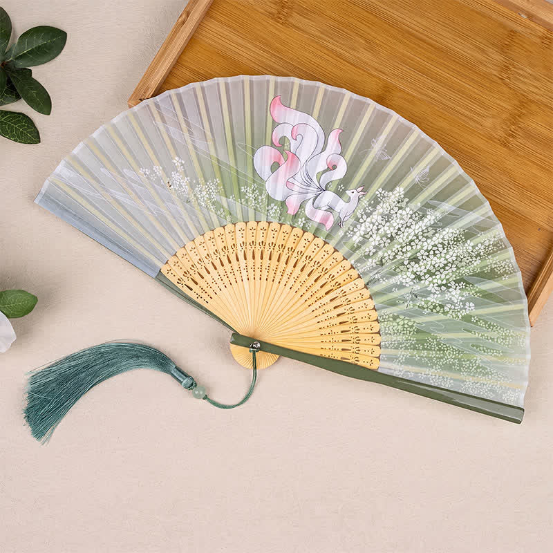 Buddha Stones Bamboo Fox Deer Forest Tassel Folding Fan - Green Fox - image 2