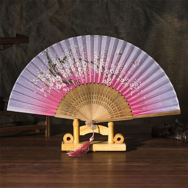 Buddha Stones Bamboo Butterfly Cherry Blossom Folding Fan - Pink Surface - image 6