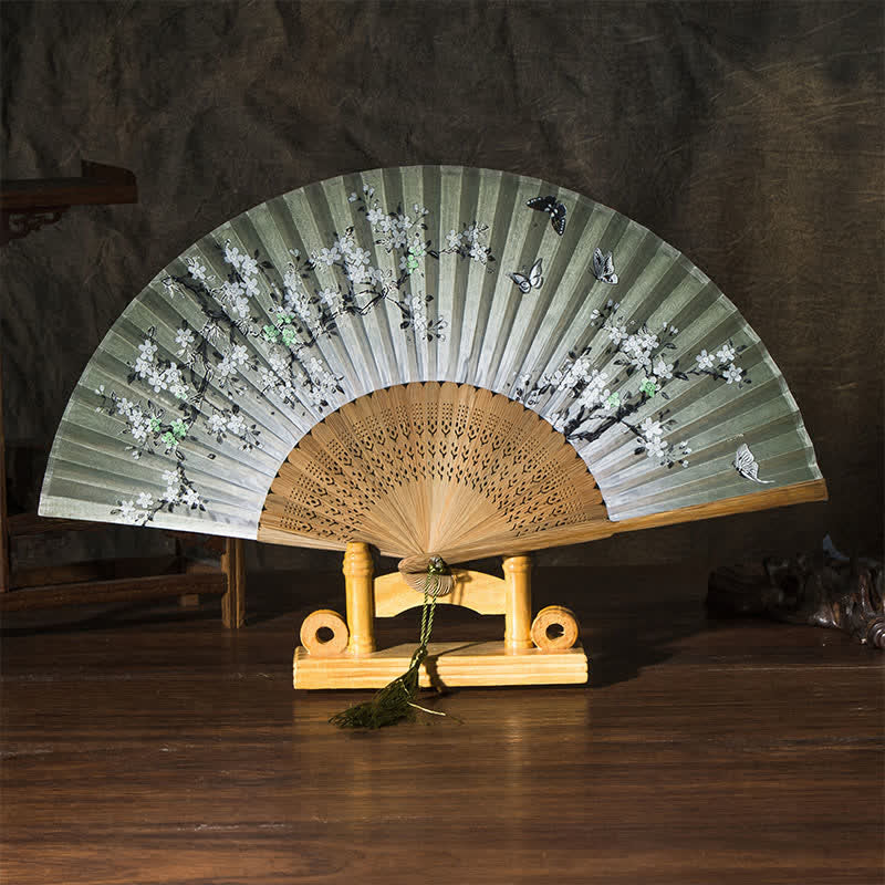Buddha Stones Bamboo Butterfly Cherry Blossom Folding Fan - Green Surface - image 1
