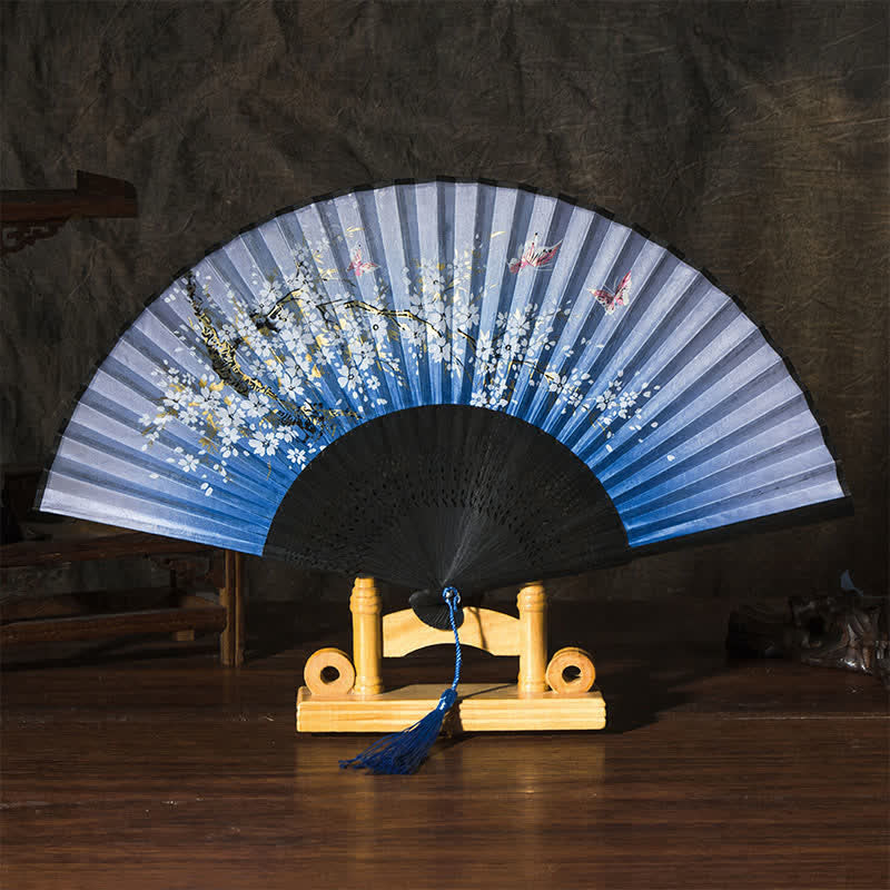 Buddha Stones Bamboo Butterfly Cherry Blossom Folding Fan - Blue Surface - image 3