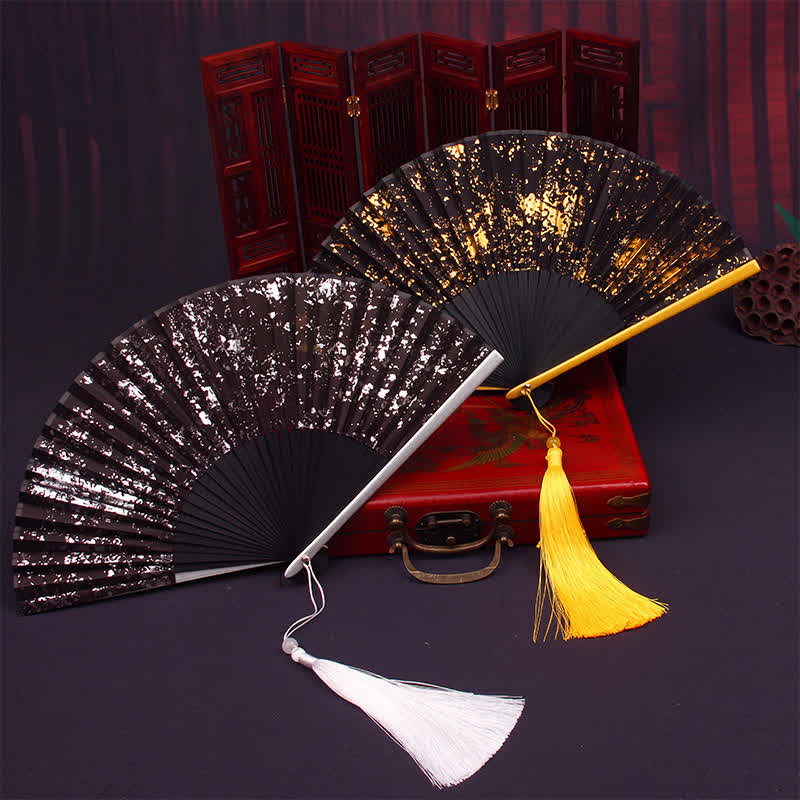 Buddha Stones gold speckle pattern Bamboo Folding Tassel Fan - image 7