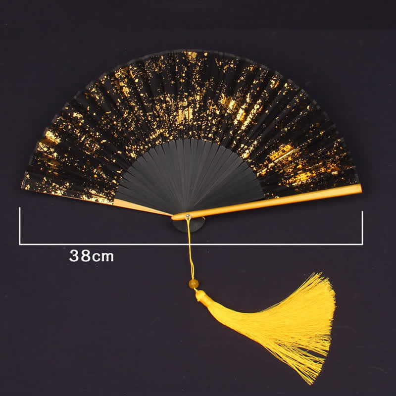 Buddha Stones gold speckle pattern Bamboo Folding Tassel Fan - image 5
