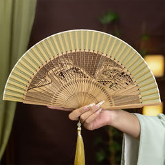 Buddha Stones Bamboo Hollow-Carved Famous Spots Landscapes Animals Tassel Folding Fan - The Great Wall Pattern - image 0