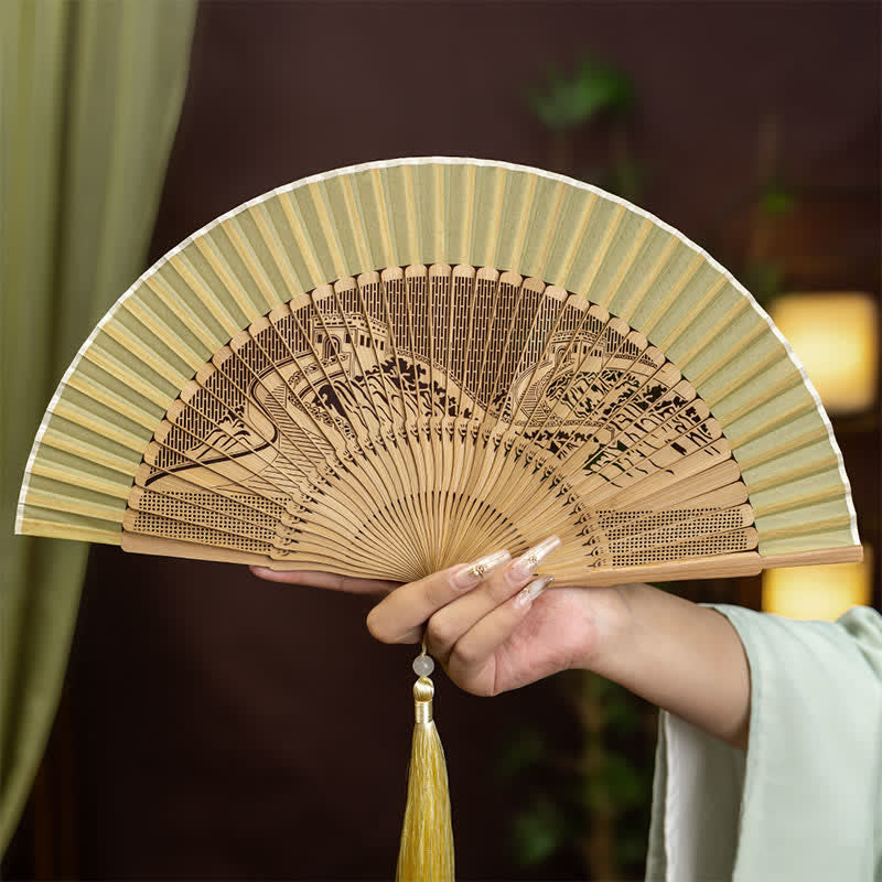Buddha Stones Bamboo Hollow-Carved Famous Spots Landscapes Animals Tassel Folding Fan - The Great Wall Pattern - image 0