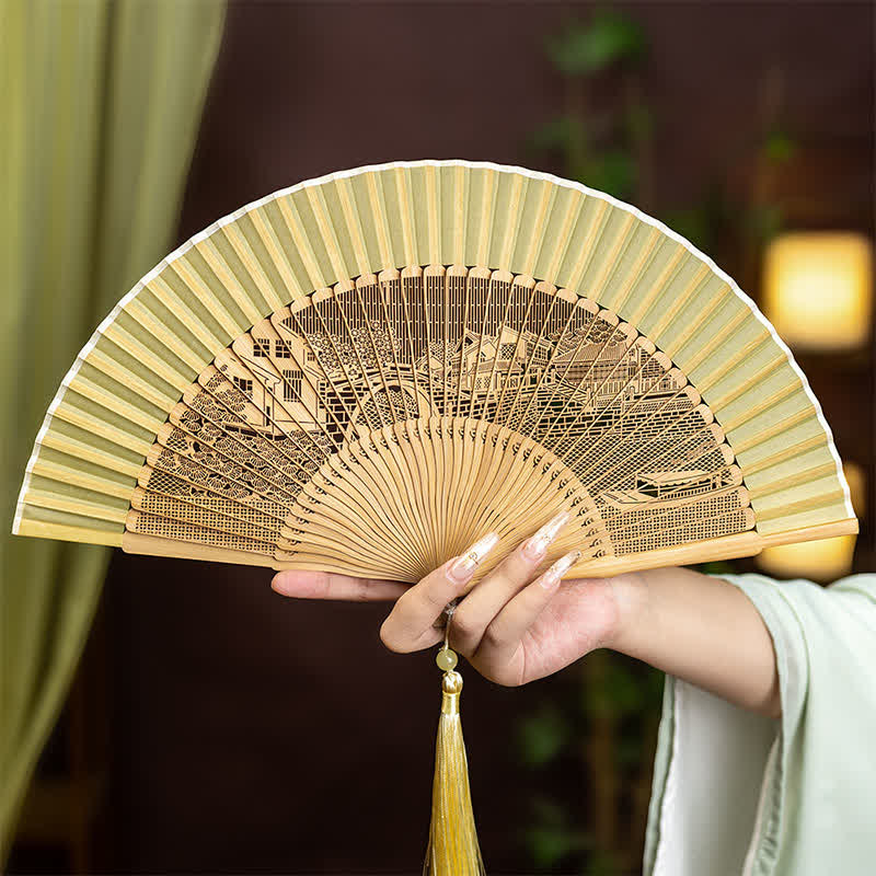 Buddha Stones Bamboo Hollow-Carved Famous Spots Landscapes Animals Tassel Folding Fan - Jiangnan Water Towns Pattern - image 1