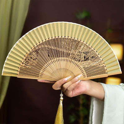 Buddha Stones Bamboo Hollow-Carved Famous Spots Landscapes Animals Tassel Folding Fan - West Lake Su Causeway Spring Dawn Pattern - image 3