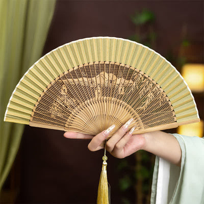 Buddha Stones Bamboo Hollow-Carved Famous Spots Landscapes Animals Tassel Folding Fan - West Lake Three Pools Mirroring The Moon Pattern - image 5
