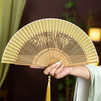 Buddha Stones Bamboo Hollow-Carved Famous Spots Landscapes Animals Tassel Folding Fan - Bamboo - image 6