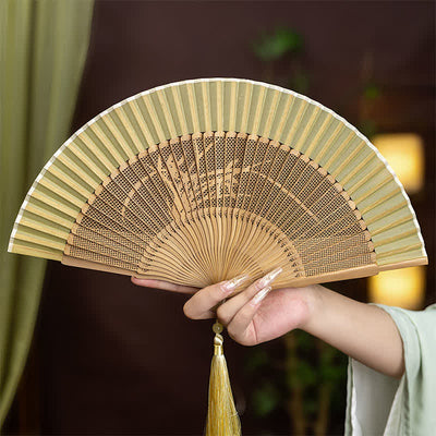 Buddha Stones Bamboo Hollow-Carved Famous Spots Landscapes Animals Tassel Folding Fan - Orchid - image 10
