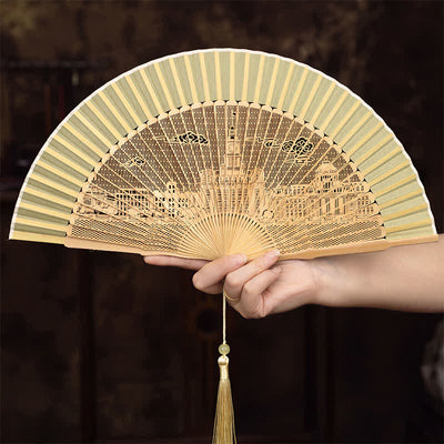 Buddha Stones Bamboo Hollow-Carved Famous Spots Landscapes Animals Tassel Folding Fan - Shanghai Pattern - image 11