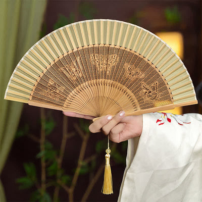 Buddha Stones Bamboo Hollow-Carved Famous Spots Landscapes Animals Tassel Folding Fan - Butterfly - image 12